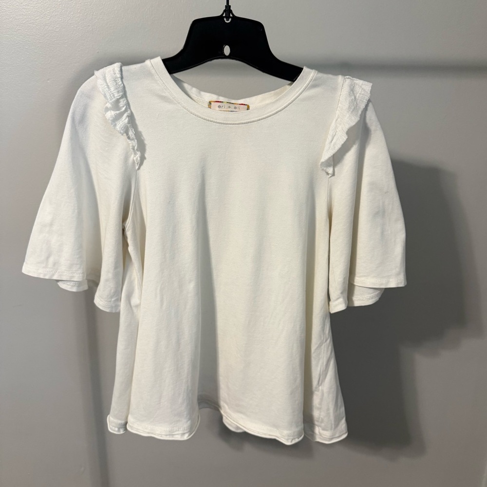 Eri + Ali Anthropologie Women's White Ruffle Shoulder Short Sleeve Tee, Size XS